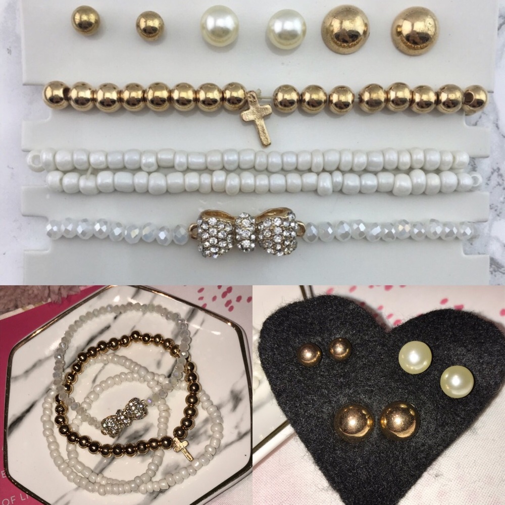 7 piece pearl and gold earring bracelet bundle set
